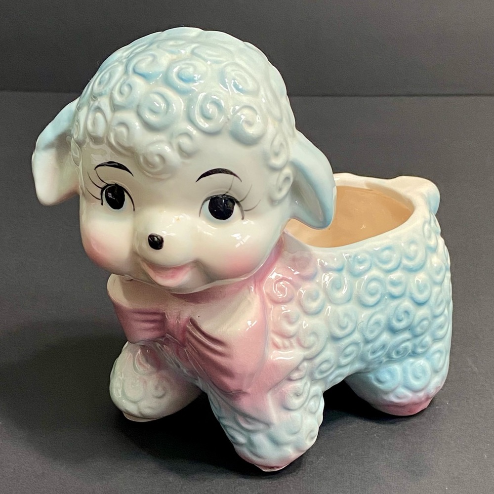 Vintage Rubens Anthropomorphic Curly Baby Lamb Planter - Pink/Blue - Japan